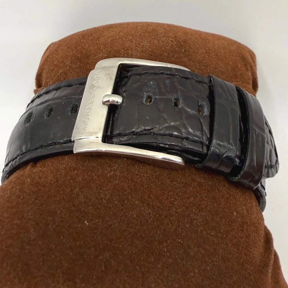 Michael Kors Mens Rectangular Quartz Watch Silver Dial Black Leather Strap MK